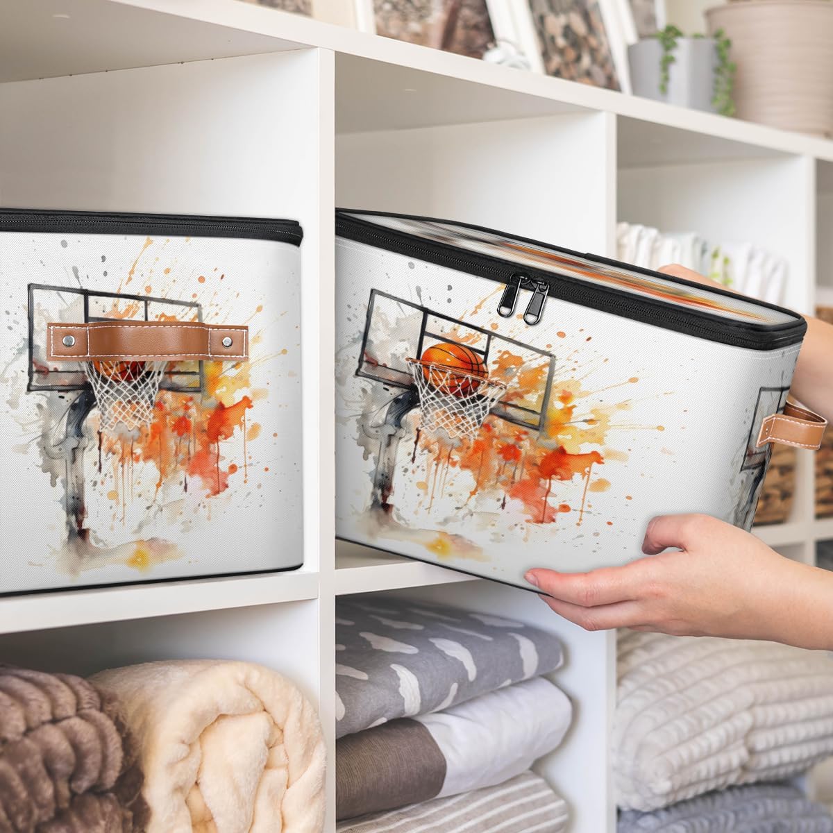 Storage Bin Set of 2 Watercolor Basketball Storage Basket with Zipper Lid & Handle Foldable Closet Shelf 2 Pack Cloth Organizer Basket Cube Bins Clothes Organizer for Nursery, Bedroom