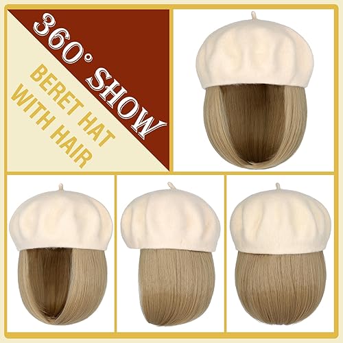 Miniatura 2 de Gorro de boina con extensiones de cabello, sombrero clásico de lana francesa adjunta, 12 pulgadas, lacio, corto, Bob sintético, para mujer, marrón