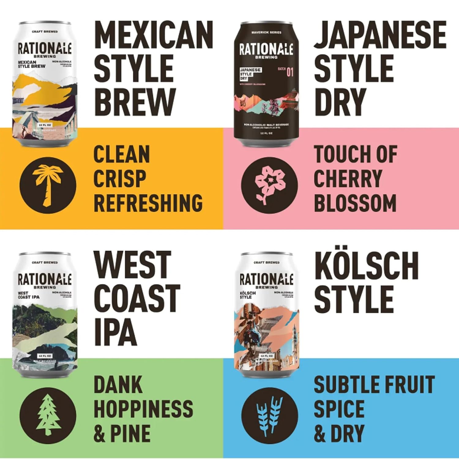 Rationale Brewing Non Alcoholic - Variety 12 Pack - Beer, Japanese, Mexican, Kolsch and West Coast IPA, Premium Craft NA Beer, Low Calorie Zero Alcohol Alternative, Award Winning, 12oz Cans
