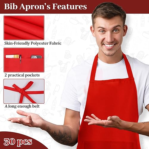Miniatura 3 de Xtinmee Paquete de 30 delantales ajustables con 2 bolsillos espaciosos, delantales unisex para cocina comercial, lavables a máquina