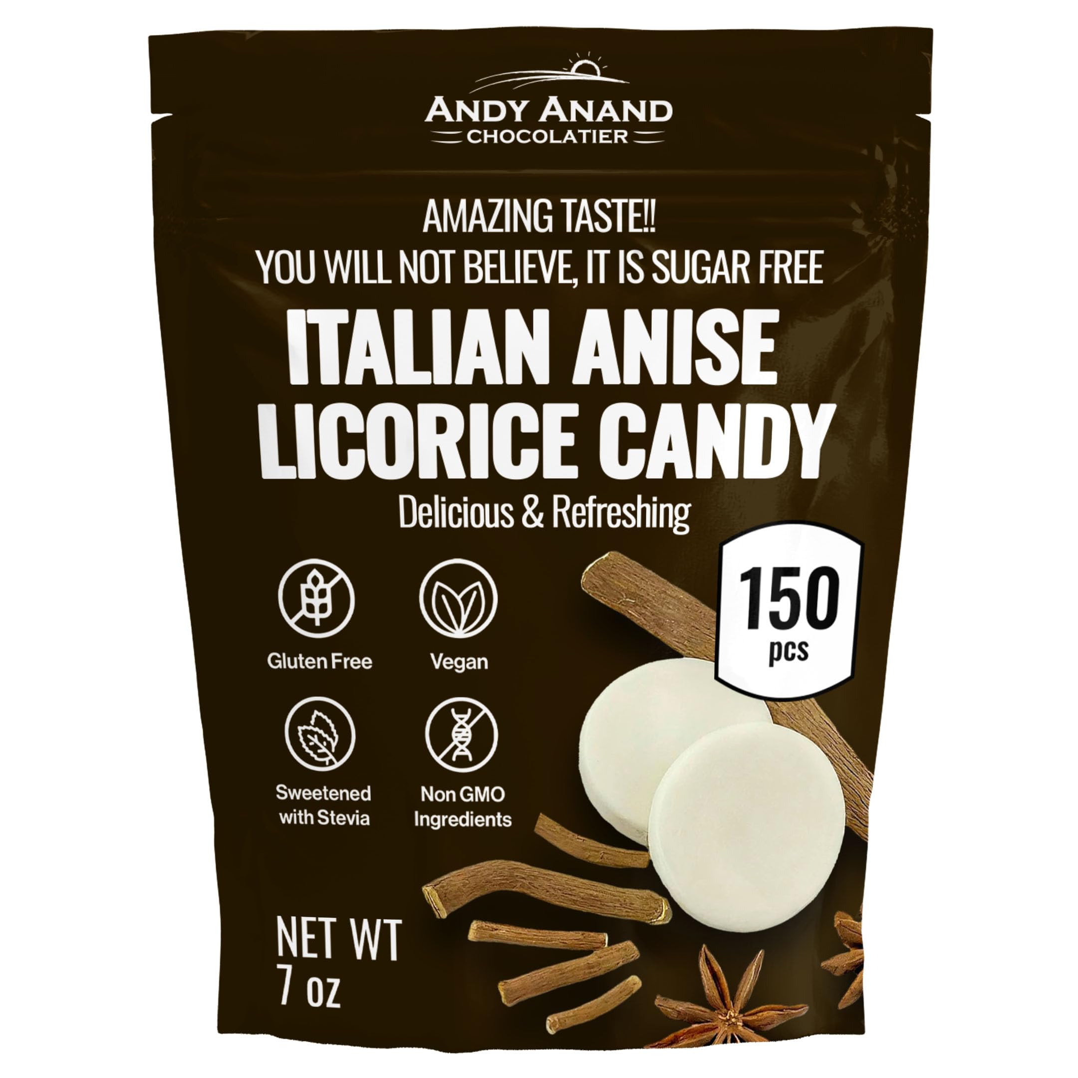 Andy Anand Sugar Free Italian Anise Licorice Candy: 150 Pcs, Delicious & Refreshing, Ideal for Keto, Vegan, Gluten-Free Lifestyles 7 Oz