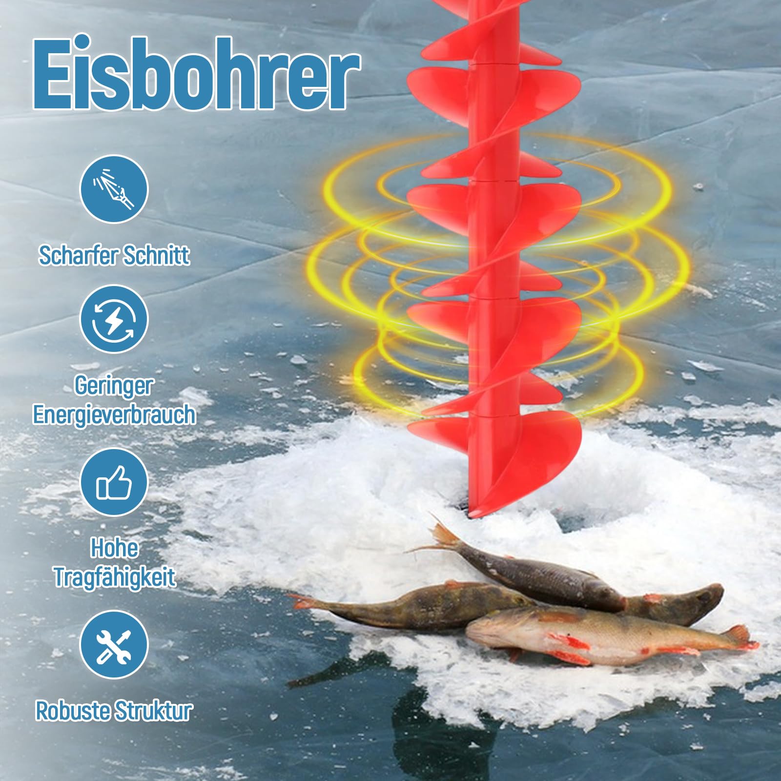 Icebohrer Eisbohrer Eisangeln Bohrer Aluminiumlegierung Metall Eisbohrer Set Robustes Gerät Energiesparend für Angeltouren Winteraktivitäten Seen Flüsse Meere leichte Winter Outdoor Ausrüstung, 50cm