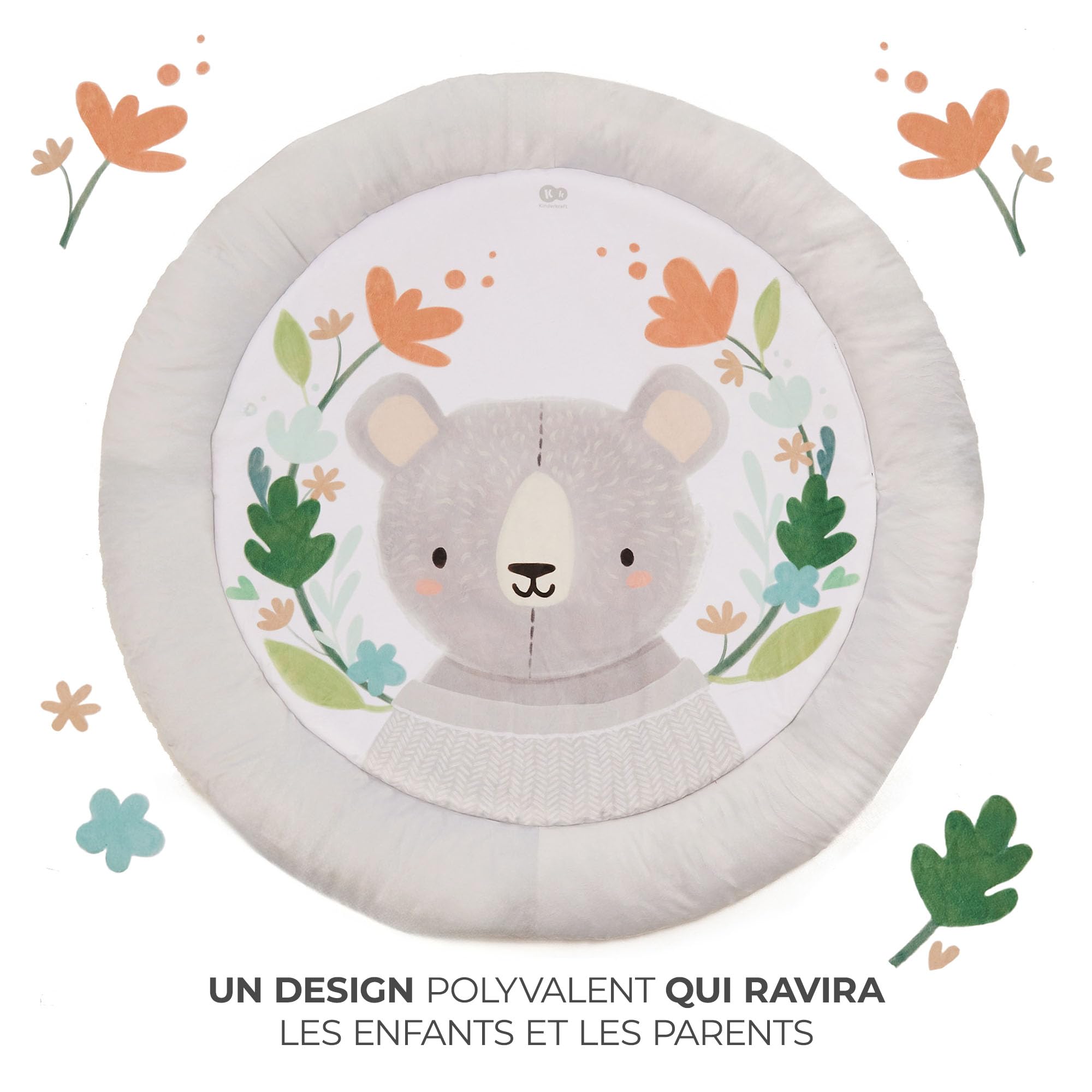 Kinderkraft COZYPLAY Tapis d'Éveil pour Bébé, avec Jouets d'activation, Tapis en Peluche, Lavable en Machine, Facile à Ranger, 2 Arceaux Souples, Gris