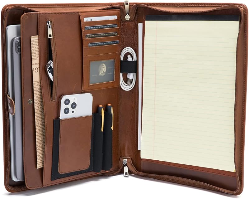 Leather Work Portfolio for Legal Size 8.5 x 14" Pad and 14" Laptop | Zippered Padfolio for Men and Women, Business Executive Organizer Professional Travel Notepad Folio, Brown, Oil Tanned