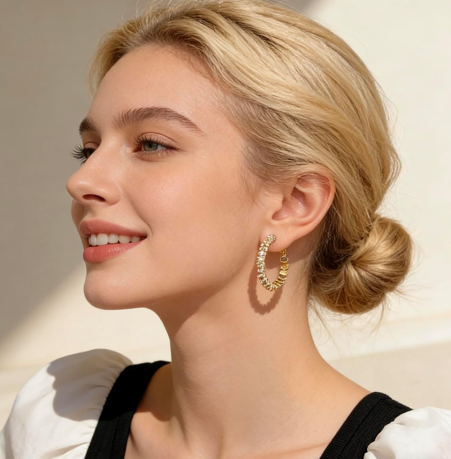 CCT 18K Gold Plated Half Cubic Zirconia Paved Half Beaded Hoop Earrings for Women | Dainty Two-Tone Huggie Hoops | Hypoallergenic Fashion Jewelry for Everyday Wear, Party, Wedding