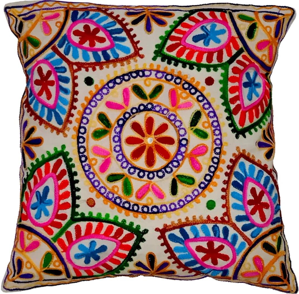 Purpledip Cotton Throw Pillow Cushion Covers 'Pattern Melody': Ethnic Design Embroidery, Set of 2, 16 Inches (12445J)