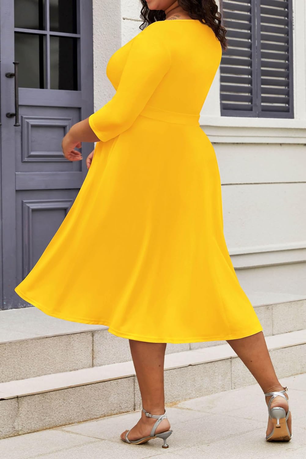 CLOCOR Women's Plus Size Midi Dress 3/4 Sleeve A-Line Swing Dress V Neck Flowy Casual Dresses - Image 4