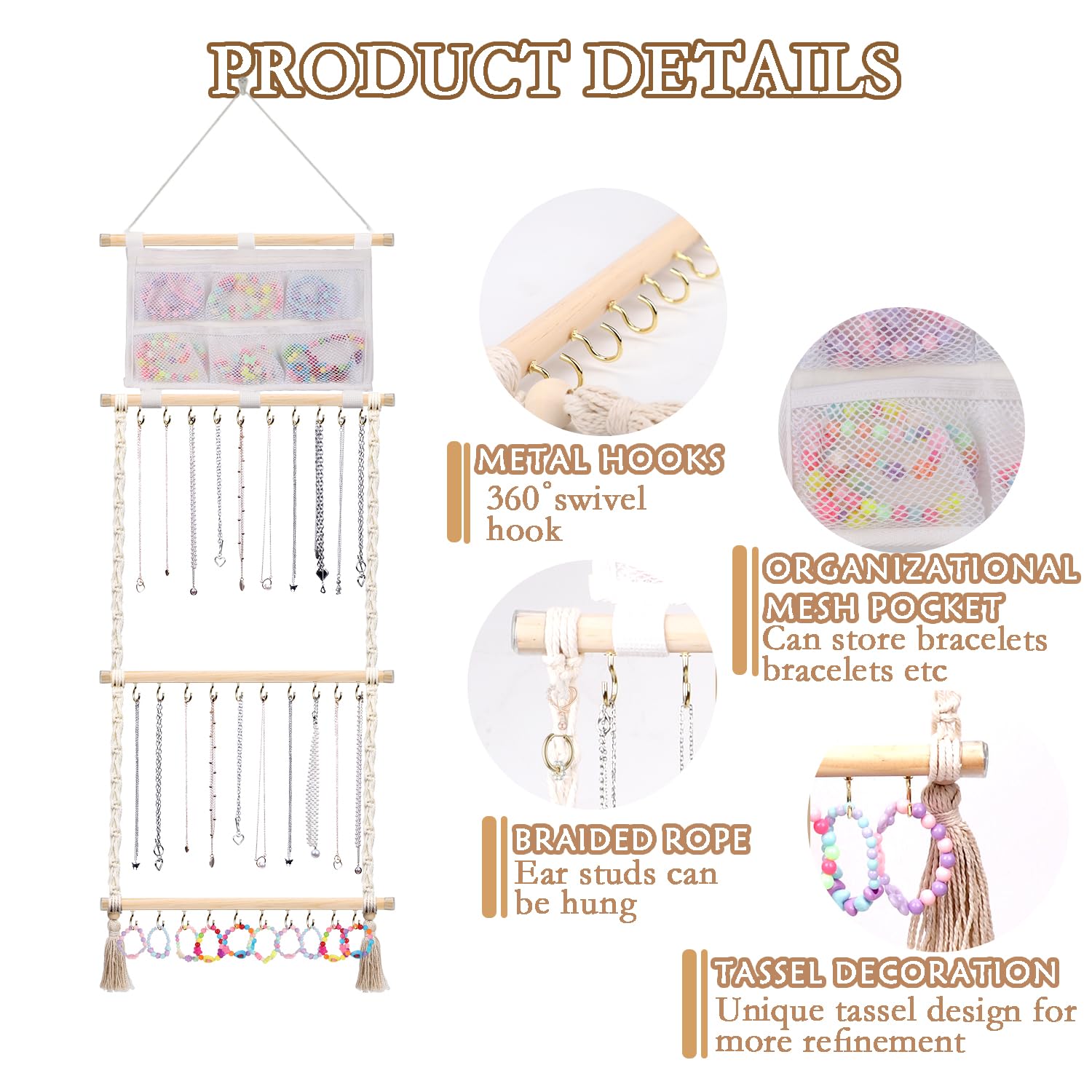 Dahey Organizador De Joyas Colgante De Macramé Con 30 Ganchos Montado En La