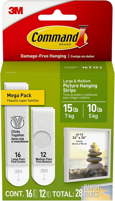 Command 15 lb y 10 lb grandes y medianos 28 pares de tiras para colgar cuadros (56 tiras), perchas sin daños para marcos de fotos, no requiere herramientas, ideal para decoración de pared de la habitación del hogar, adhesivo blanco
