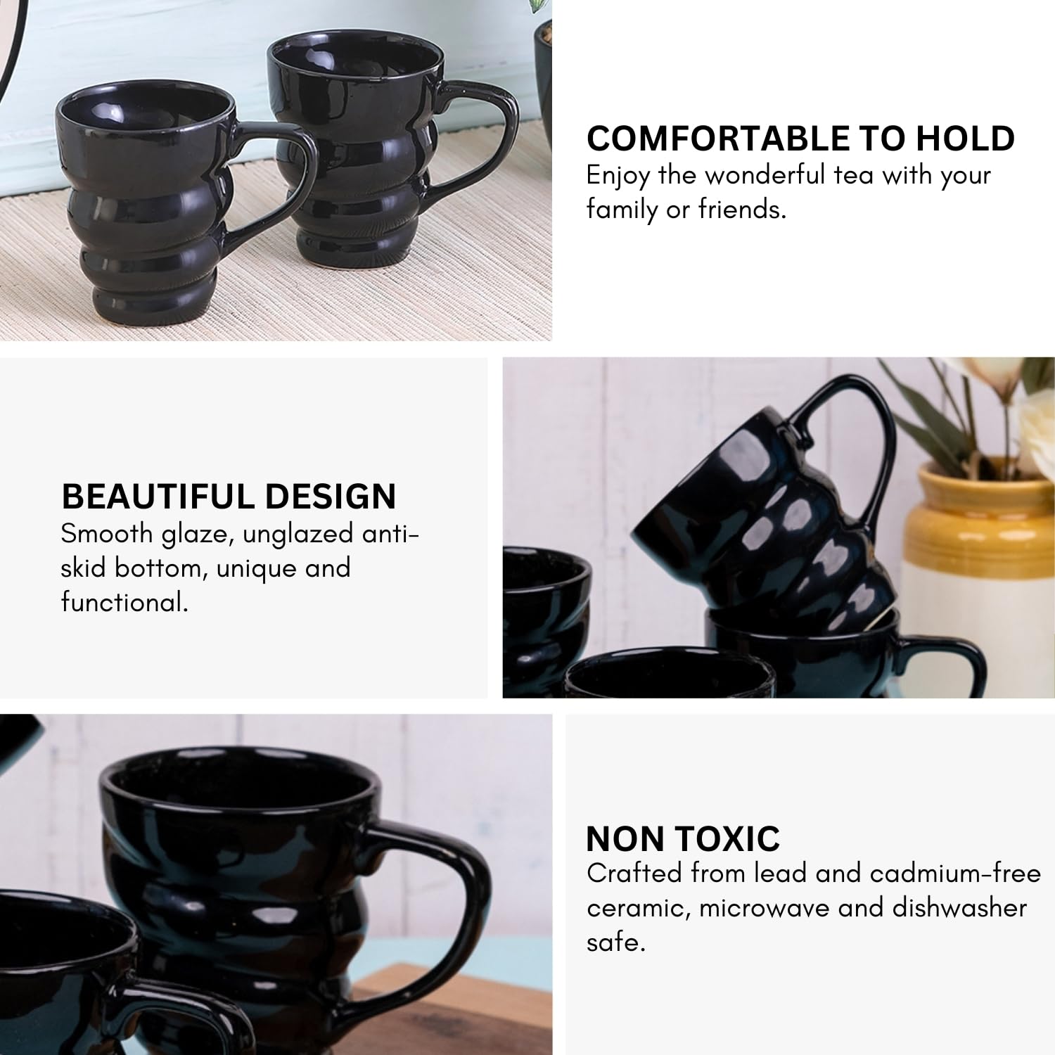 VarEesha Ebony Black Spiral Ceramic Ceramic Tea/Coffee Mugs 4 Pcs, 200Ml | Microwave & Dishwasher Safe Tea/Coffee Mug | Gifting and Daily Use Coffee Cups Set 4
