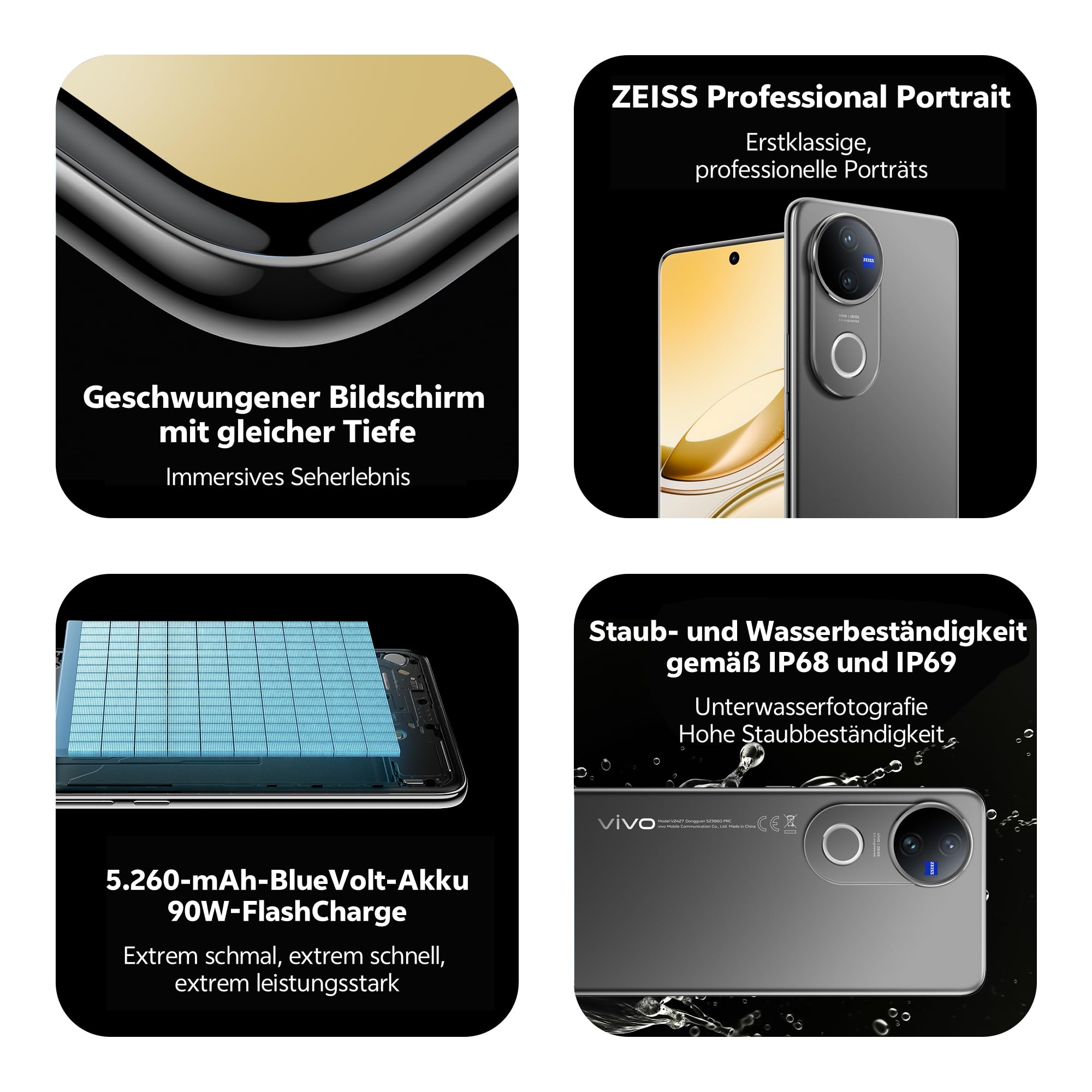 vivo V50 5G Smartphone, 12 GB + 512 GB, Professionelle 50+50 MP ZEISS Kameras, 4K-Video, 5260 mAh Akku, 90W Schnellladung, 6,77″ Ultra-Slim Quad Curved AMOLED Display, IP68+IP69 Staub & wasserdicht