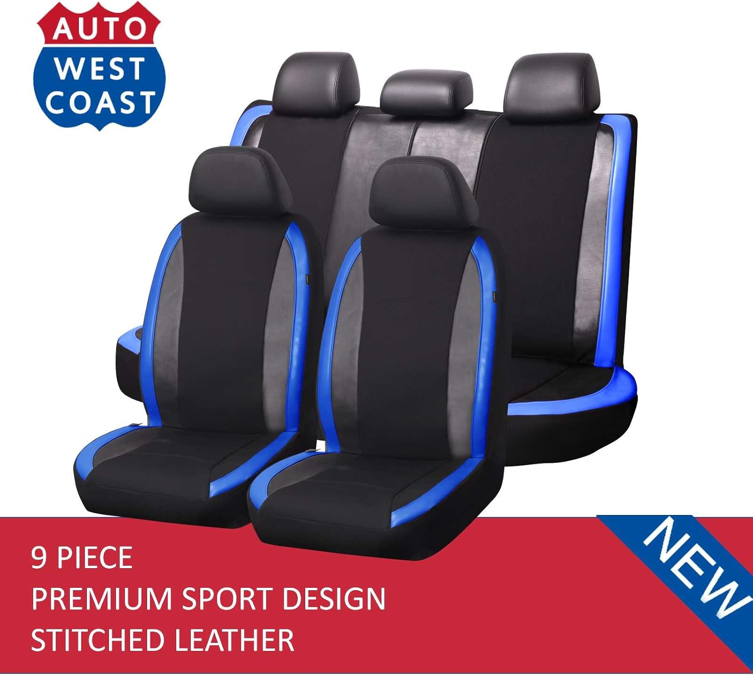 West Coast Auto Car Seat Covers Set for Auto, Truck, Van, SUV - Premium Level Leather Sports Design, Airbag Compatible, Universal Fit (9 Pieces) (Blue)