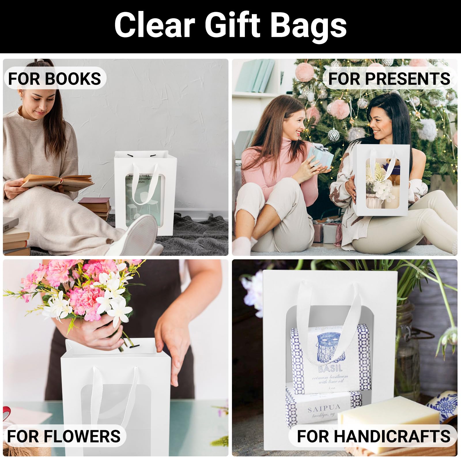 EUSOAR Papiertüten mit Henkel - 50 Stück Weiß Geschenktüten mit Sichtfenster - 230GSM 20x16x30cm Geschenktaschen Gift Bag - Weiß Papier Tüten Hochzeit - Papiertüten Geschenk Tüte Party