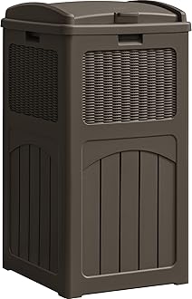 33 Gallon Resin Outdoor Trash Can with Lid, Hideaway Waterproof Patio Garbage Bin, Brown