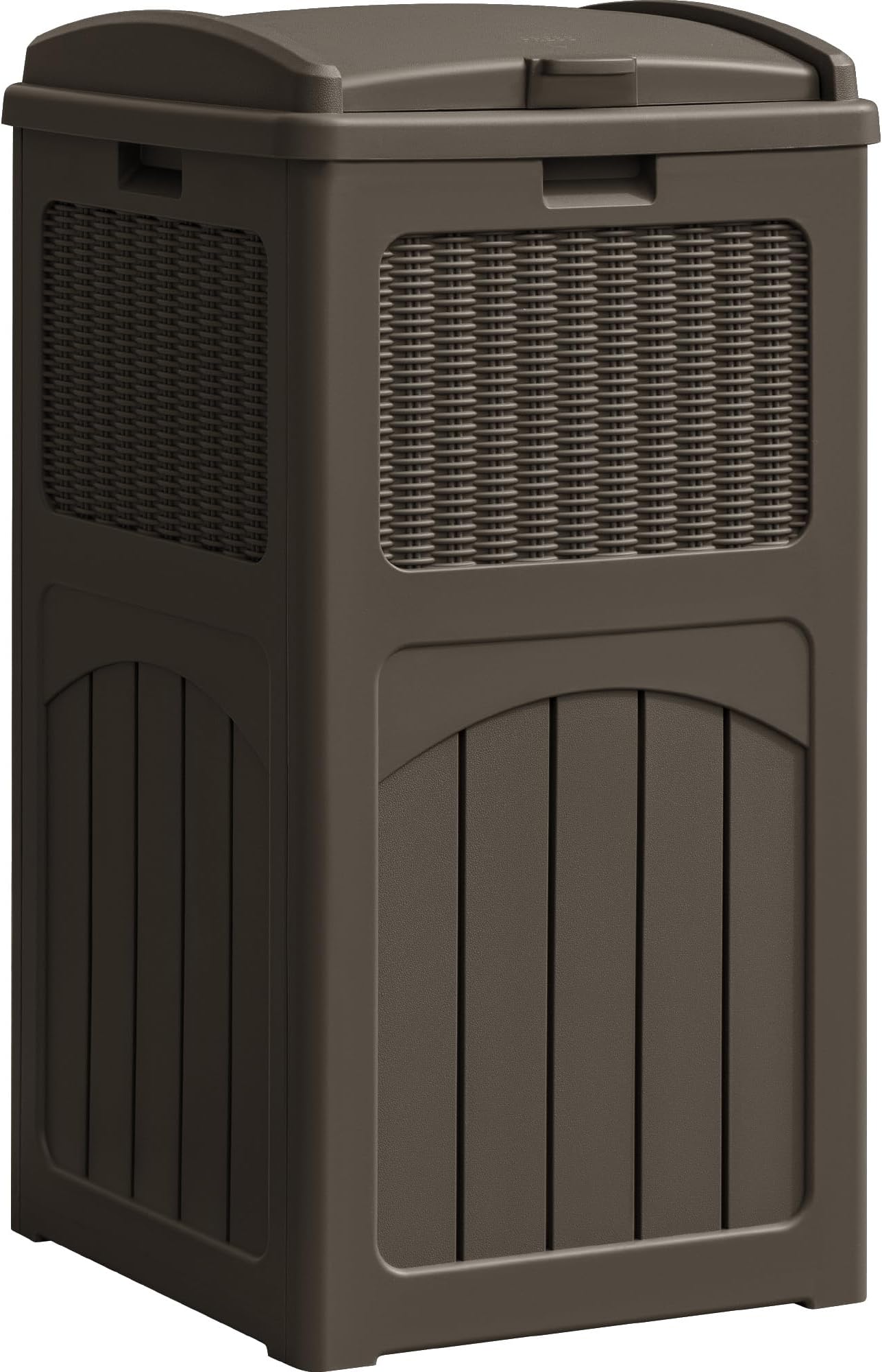 33 Gallon Resin Outdoor Trash Can with Lid, Hideaway Waterproof Patio Garbage Bin, Brown