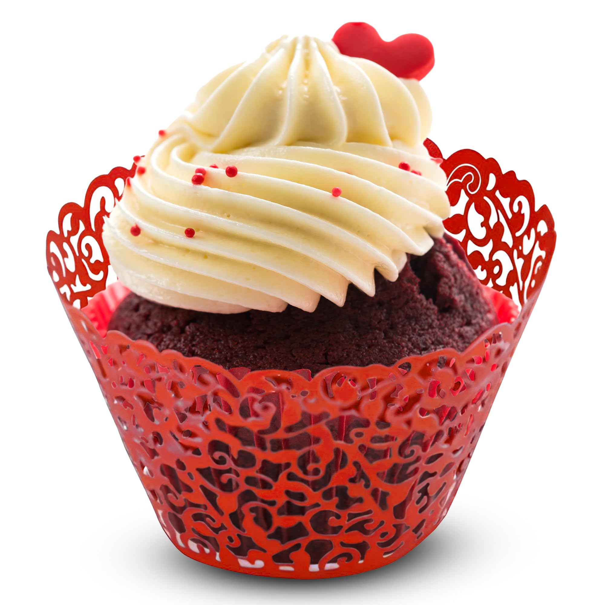 Trimming Shop Red Cupcake Wrappers Laser Cut Floral Design Paper Cup Holders, Muffin Cup Liners for Weddings, Baby Showers, Birthdays, Anniversaries & Special Events (Pack of 50)