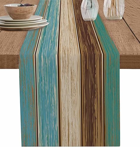 Miniatura 176 de Camino de mesa de algodón y lino estilo granja rústico retro, textura de madera de granero, color degradado marrón y gris, antideslizante,