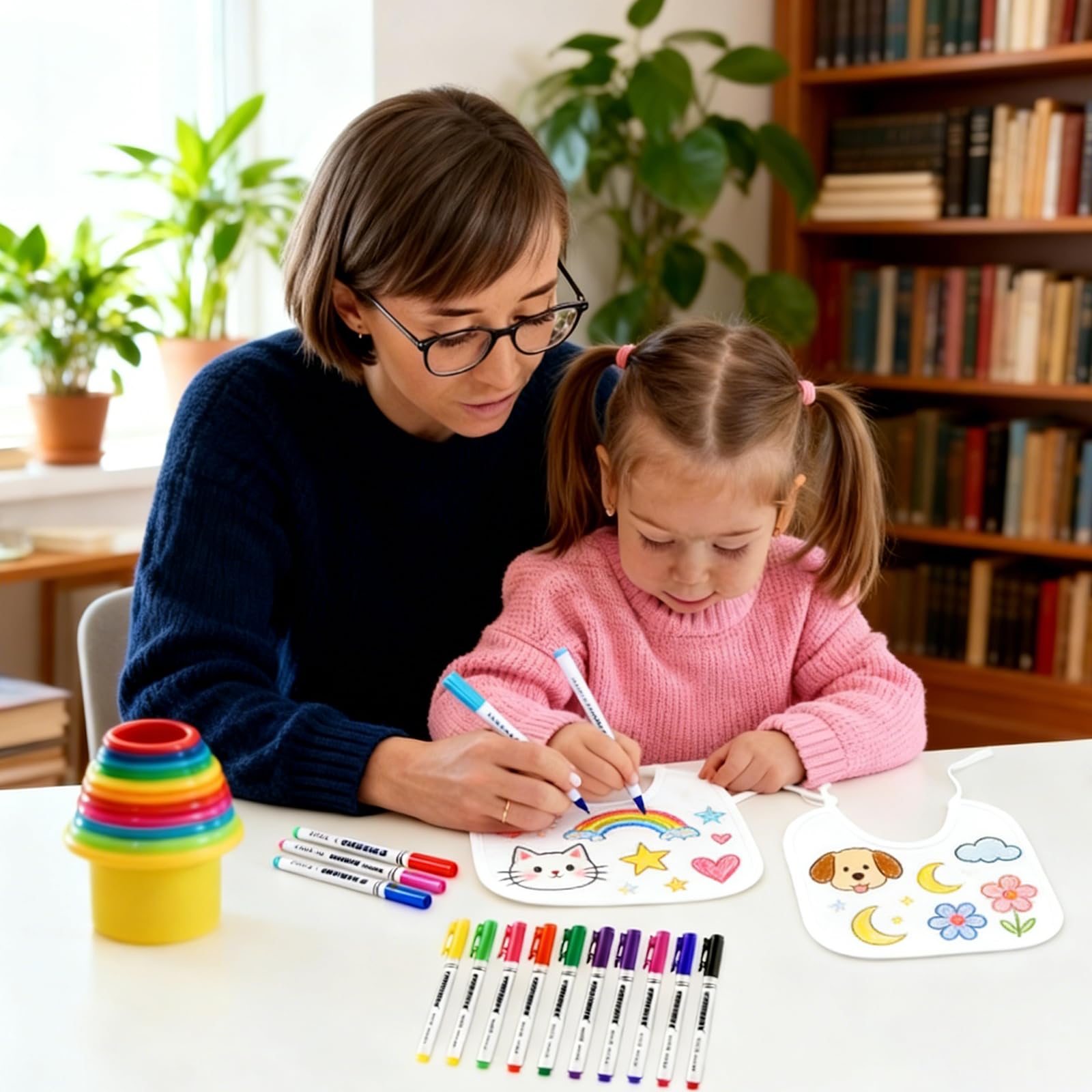 Śliniaczki do Malowania, Dwustronne Wodoodporne Białe Śliniaki Dziecięce 12 Sztuk, z 3 Szablonami i, Prezent na Baby Shower i 12 Kolorowymi Długopisami TekstylnymiImprezę DIY