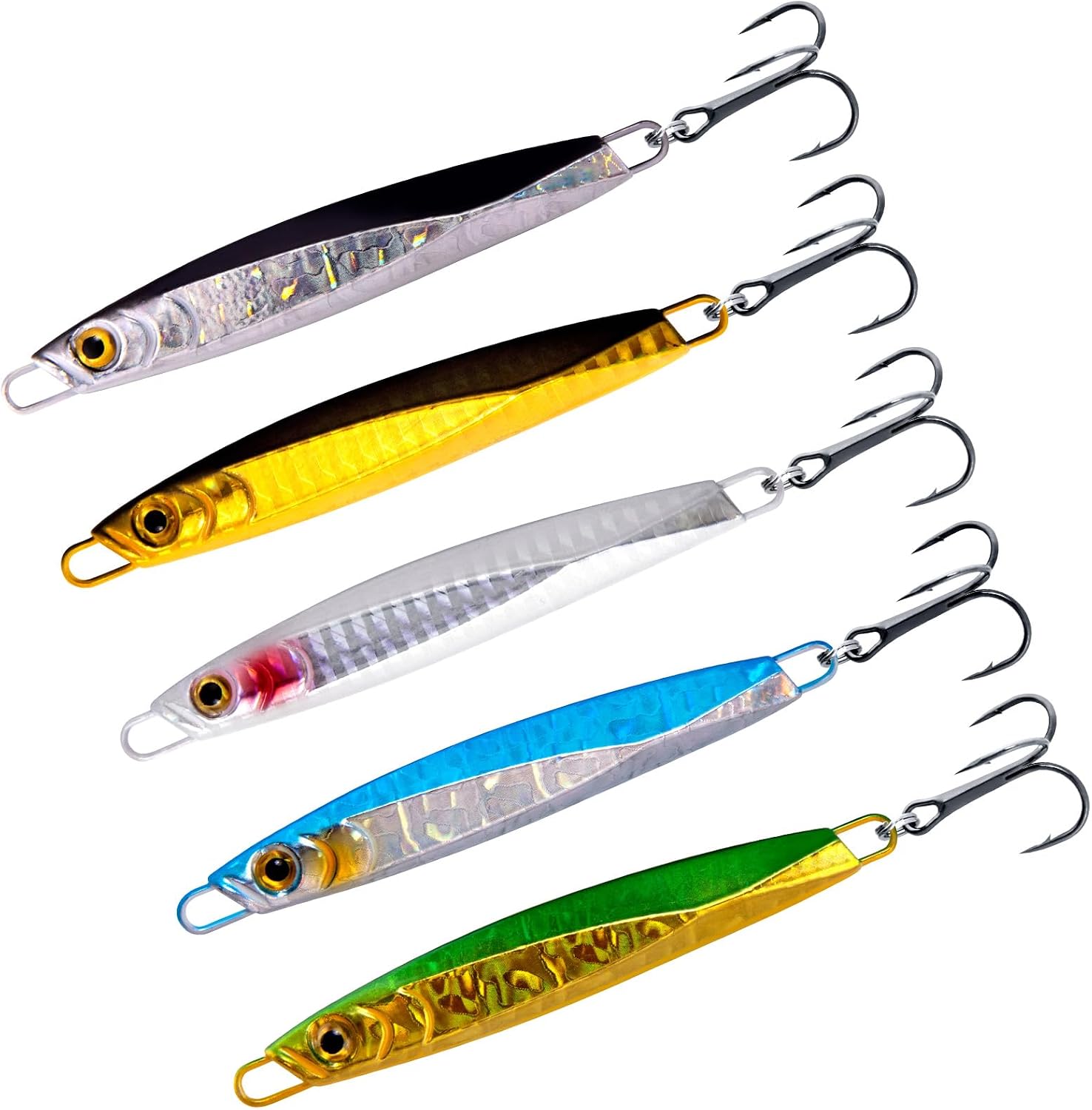 Dr.Fish 5 Pack Fishing Jigs Metal Jigging Spoon Vertical Diamond Jig Lures Fishing Casting Spoon Trolling Saltwater Freshwater for Mackerel Striper