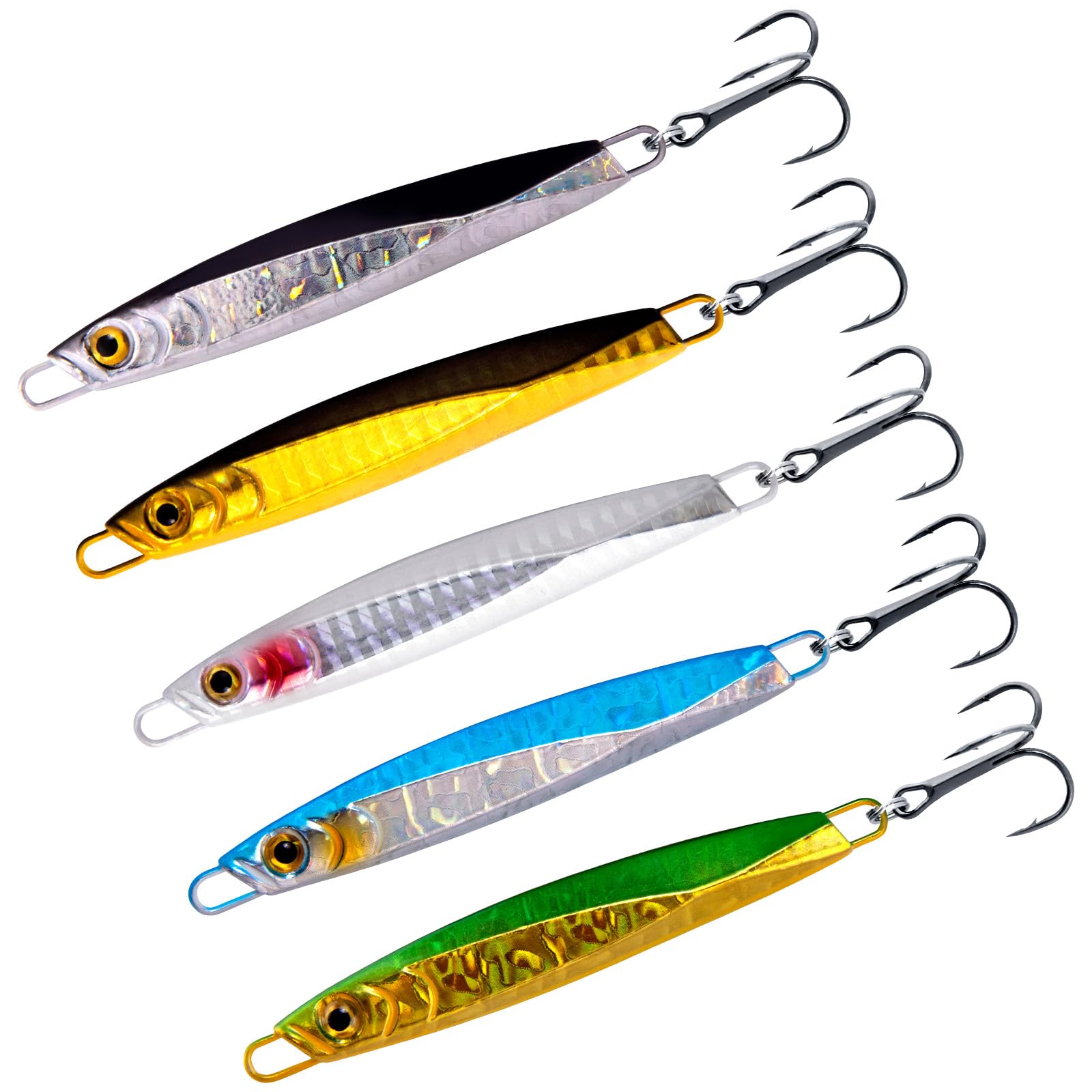 Dr.Fish 5 Pack Fishing Jigs Metal Jigging Spoon Vertical Diamond Jig Lures Fishing Casting Spoon Trolling Saltwater Freshwater for Mackerel Striper