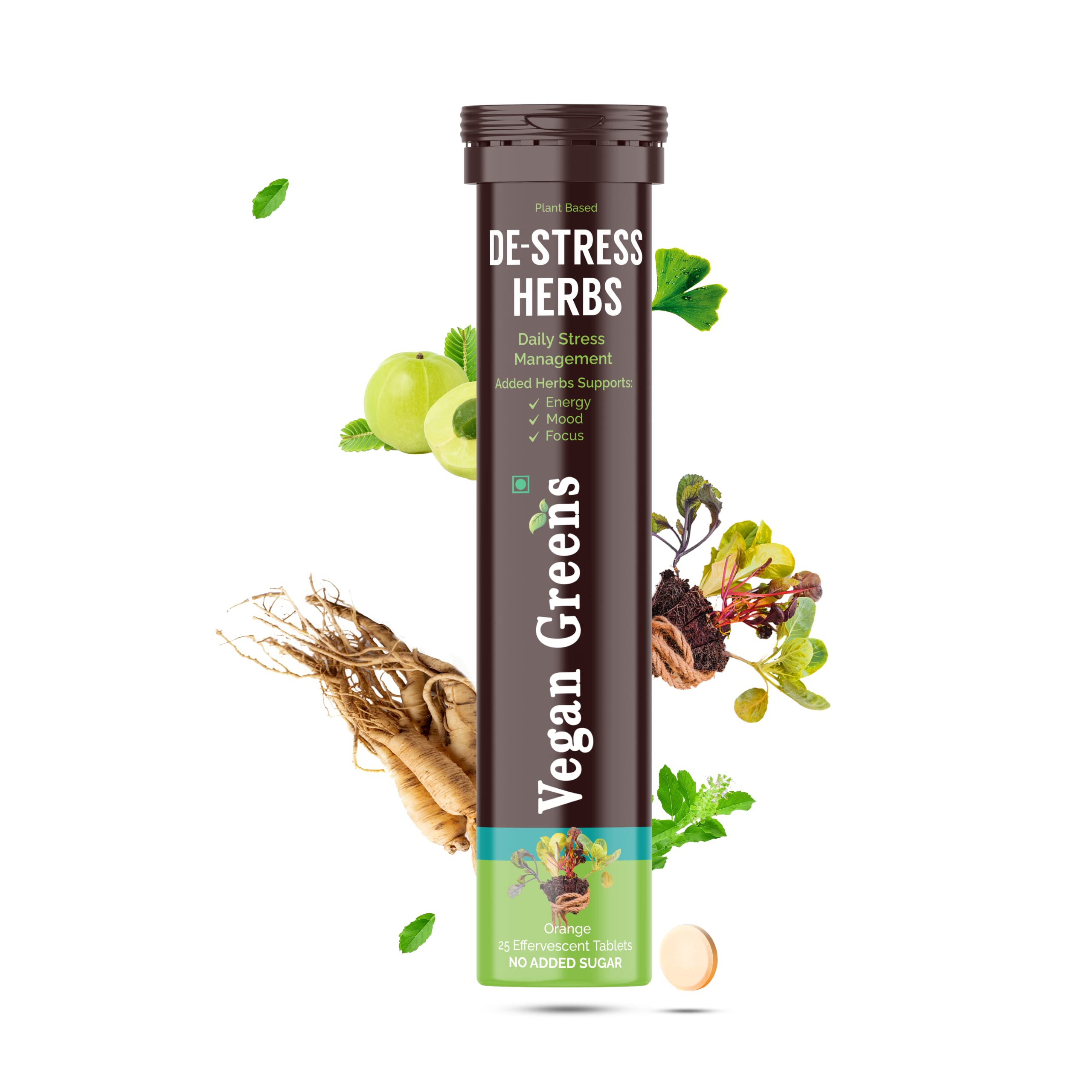 Vegan Greens Plant Based DE-STRESS Ayurvedic Natural Herbs. Daily Stress Management. For Energy, Mood, Focus, Calmess & Anxiety Control. Rejuvenates Mind & Body (25 Effervescent Tablets, Orange)