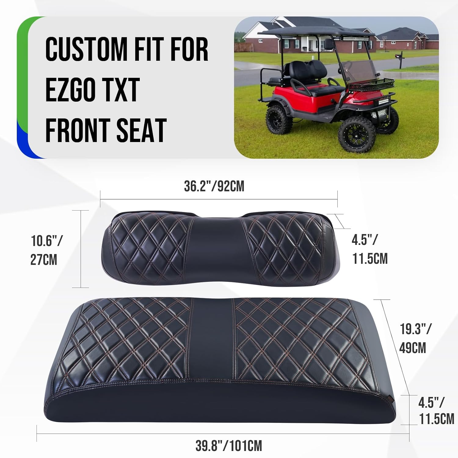 Tecoom Golf Cart Seat Covers Custom Fit for Club Car DS Precedent EZGO TXT RXV, Vinyl Leather Seat Protector Set, Waterproof Front and Back Padded Seat Cushion Cover, No Stapler Required