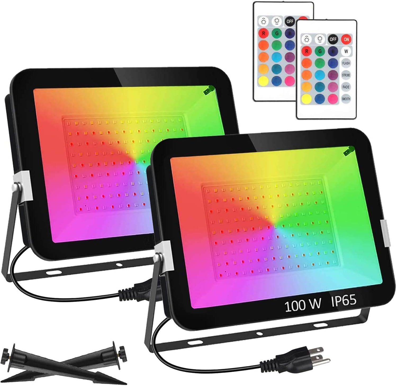 Get Discount Offer 100W RGB LED Flood Lights, T-SUNUS Colour Changing LED Security Garden Light with Remote Control, 16 Colors & 4 Modes, Waterproof Floodlight with US Plug & Remote Control, Pack of 2