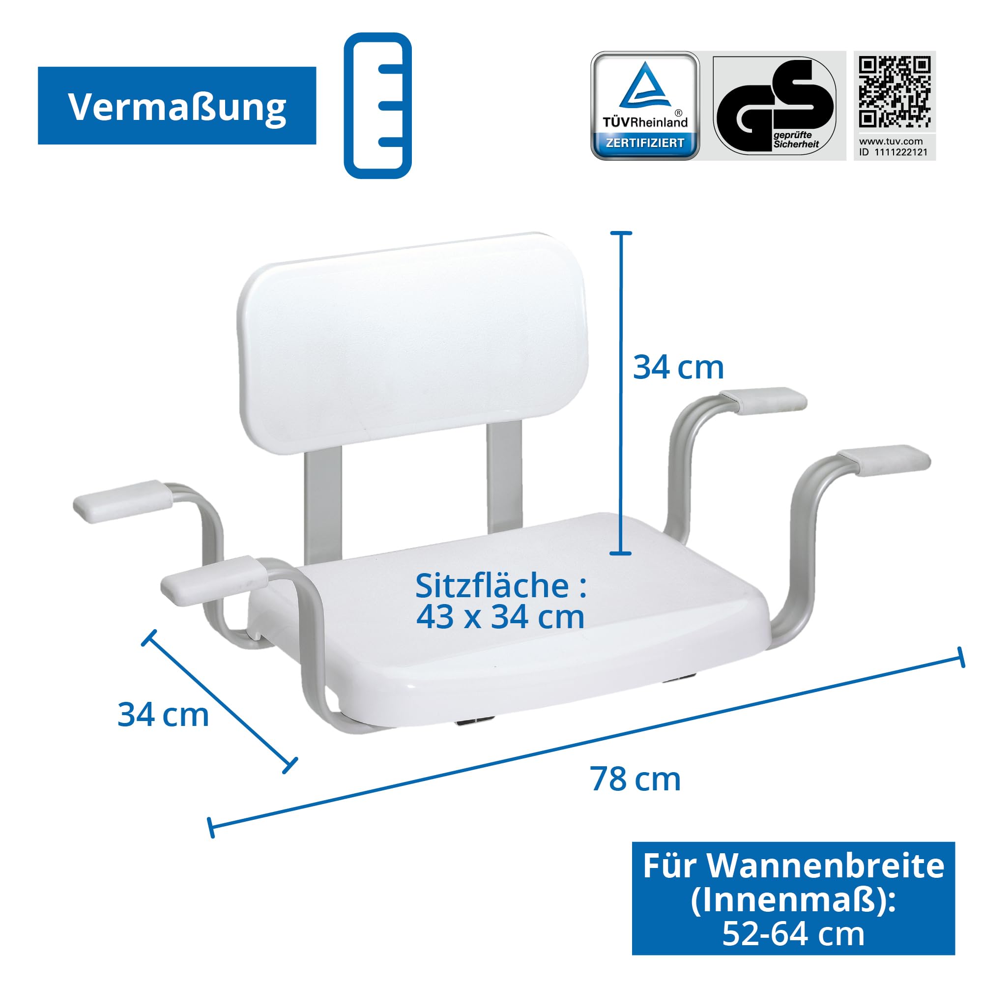Weinberger Badewannensitz mit Rückenlehne | Sitzbrett | Belastbar bis 150 kg | Anti-Rutsch | Wannenbreite 52-64 cm | Moderne Badezimmerhilfe für Senioren | Modell 48538 | Weiß