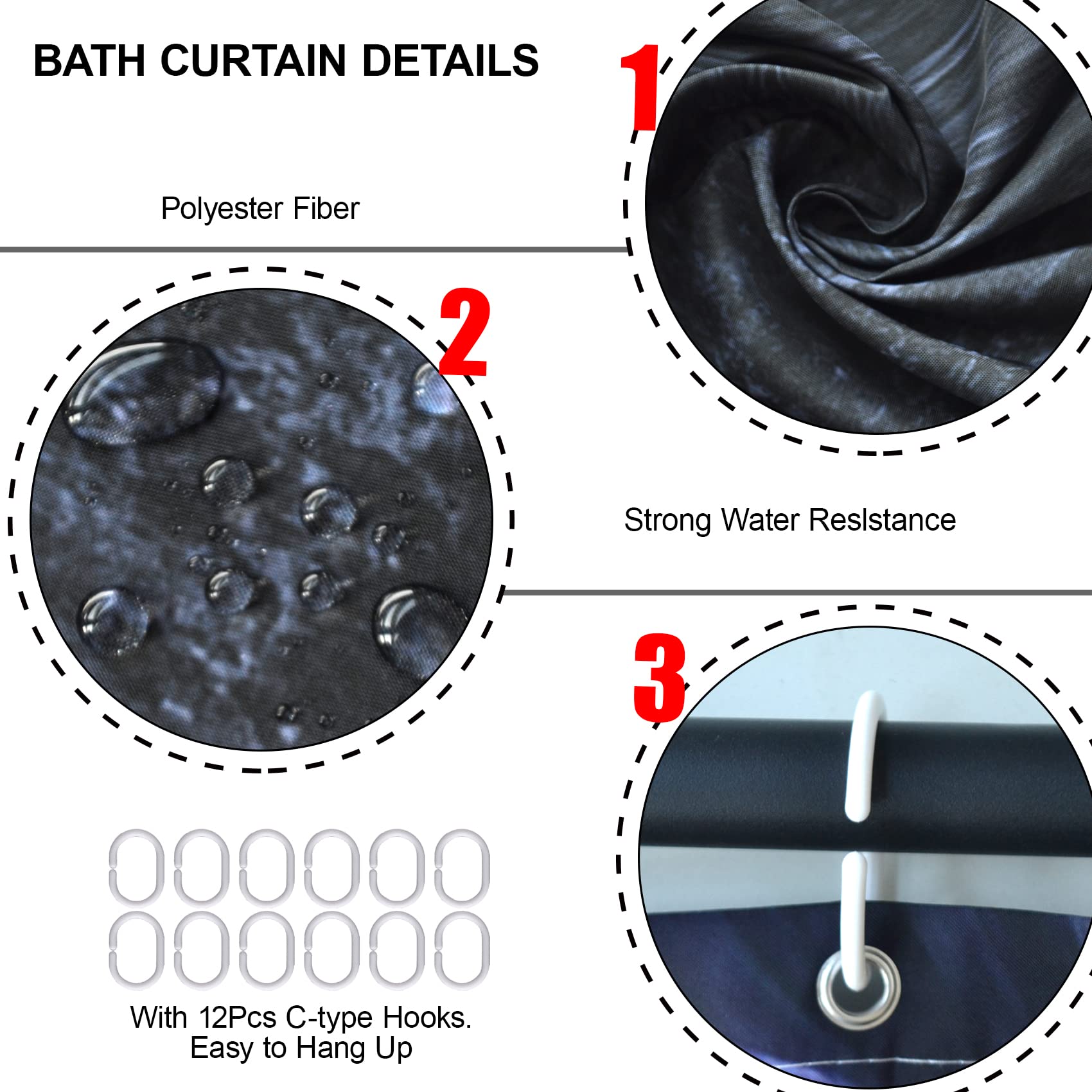 Juego de 4 cortinas de ducha turquesa con alfombras antideslizantes, cubierta para tapa de inodoro y tapete de baño, juego de decoración de baño negro y gris, accesorios de cortina de ducha 8
