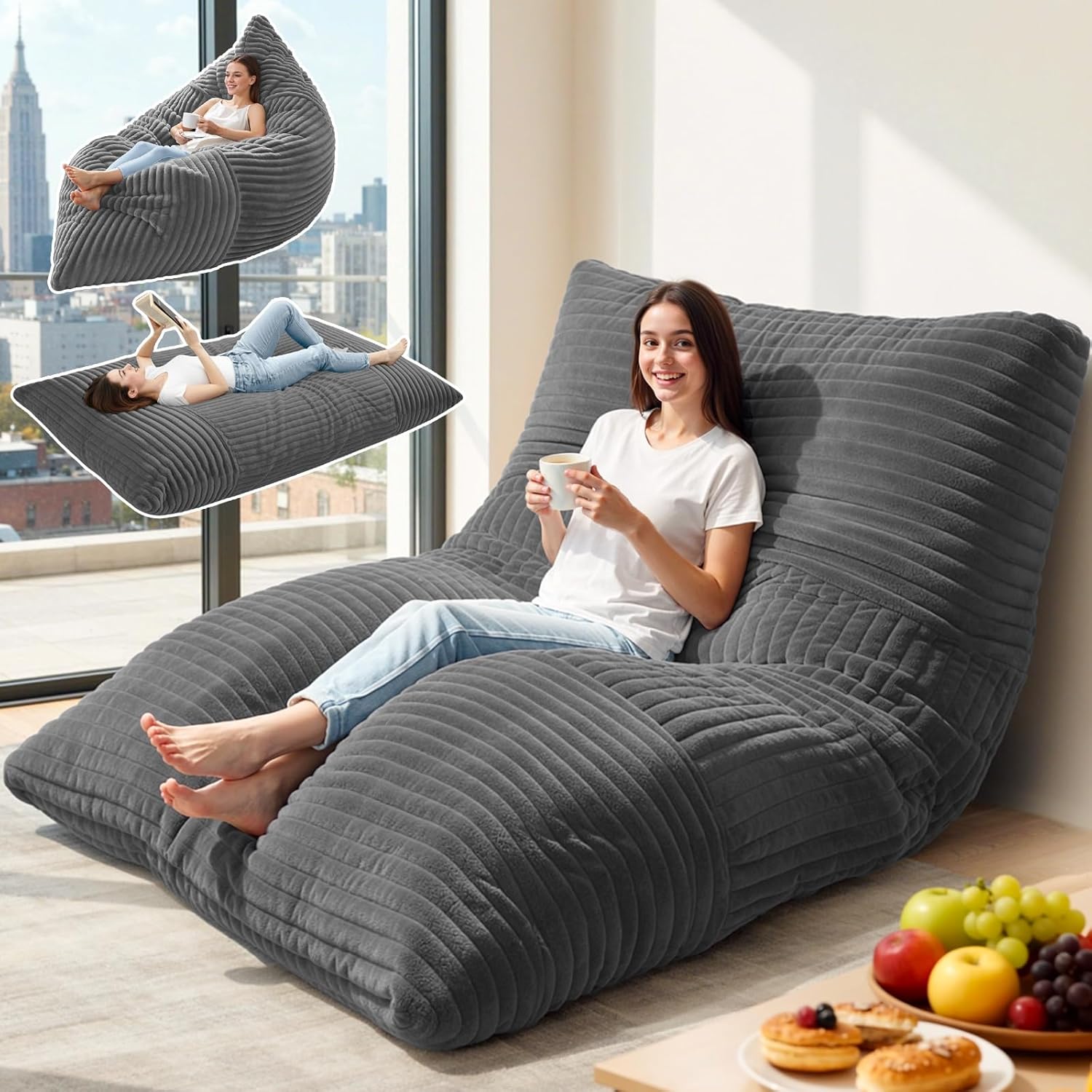 3 in 1 Giant Bean Bag Chair for Adults and Kids, Oversized Convertible Bean Bag Bed with Machine Washable Cover, Comfy Soft Memory Foam Floor Sofa for Living Room, Bedroom & Game Room(Grey)