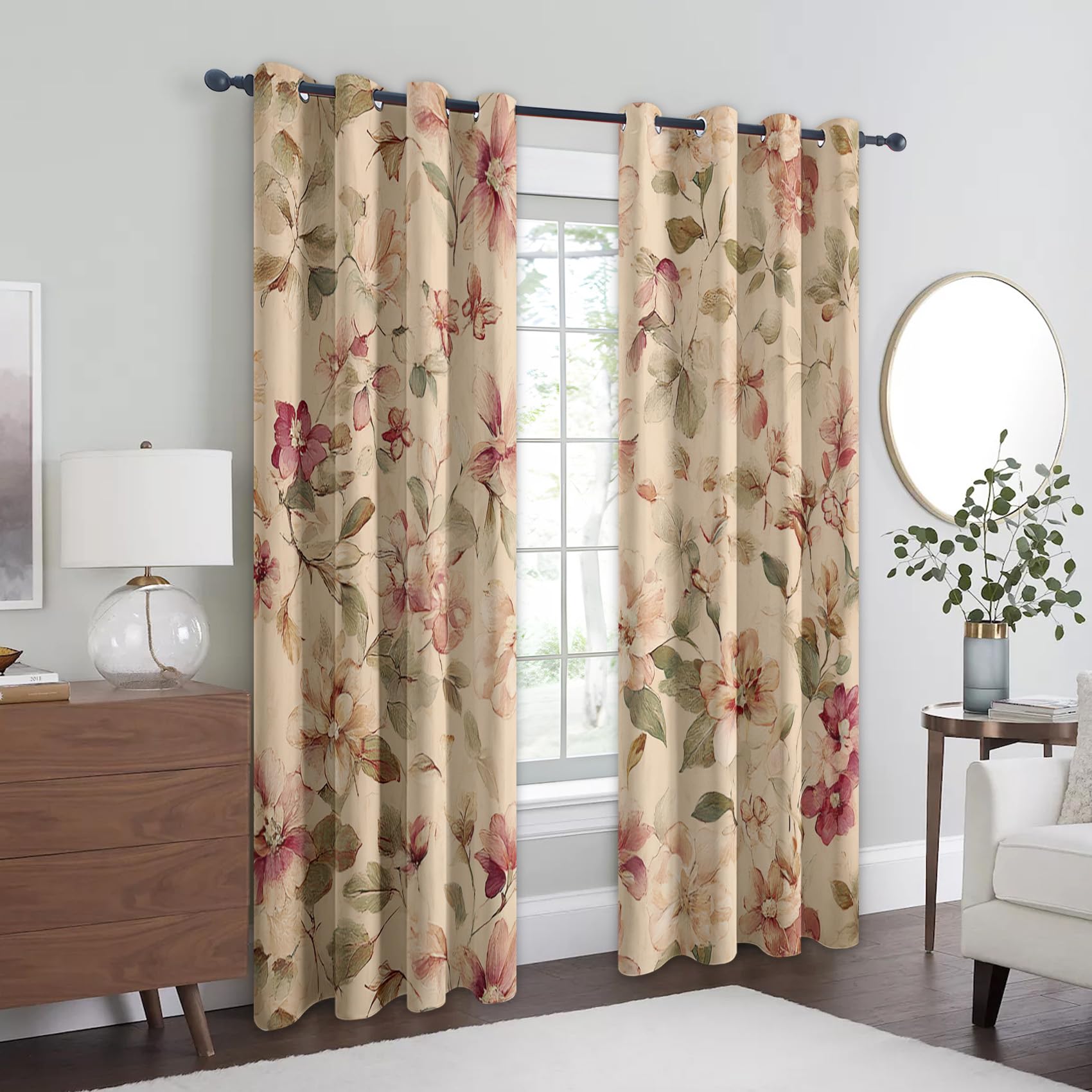 95% Blickdichte Vorhänge Vintage Blumen, Thermo Verdunklungsvorhänge mit Ösen, Bauernhaus Landhausstil Blumenmuster Fenster Gardinen Wohnzimmer Schlafzimmer Deko, 2er Set H 137 x B 117 - D230
