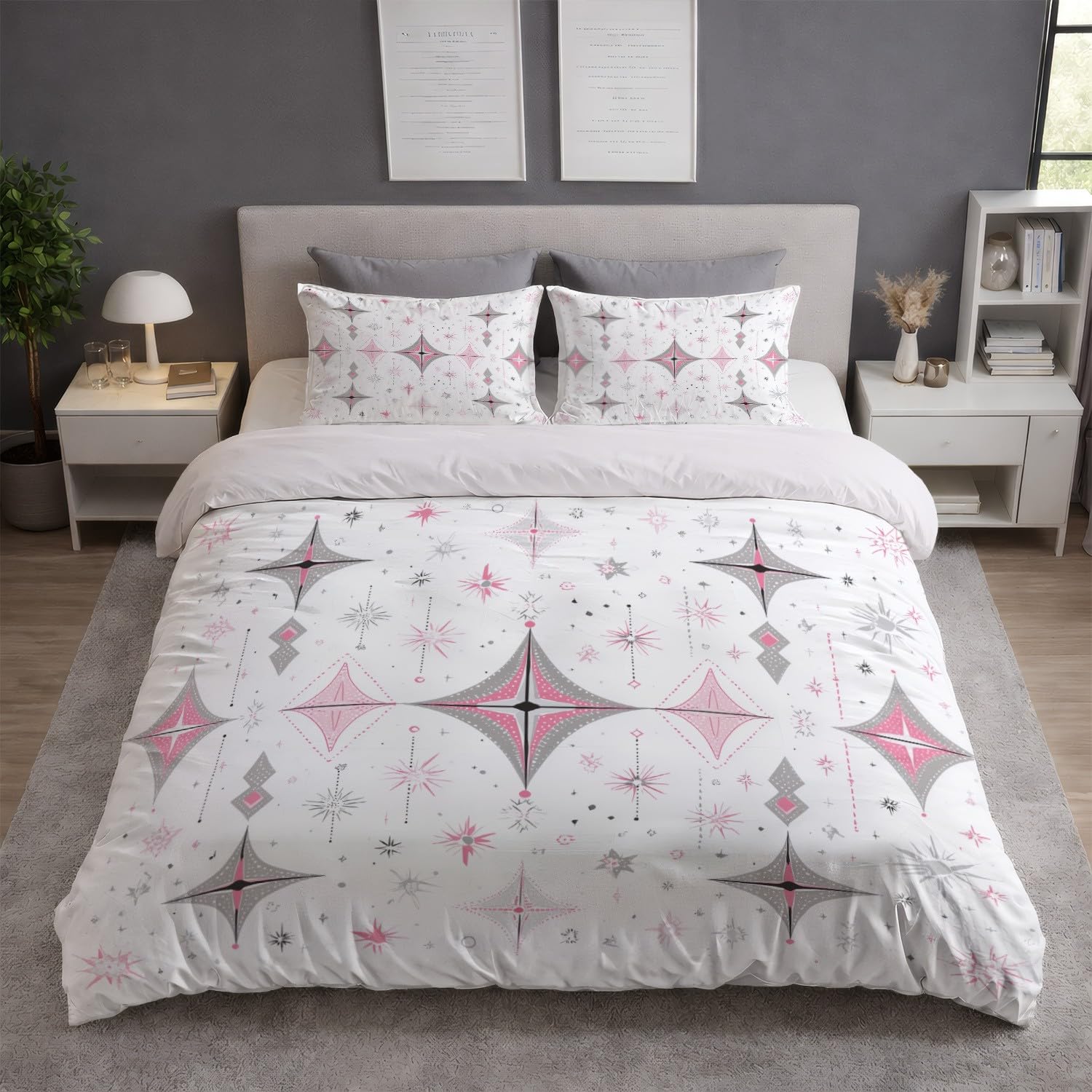 Generic Zestaw pościeli Super King 290 cm x 236 cm minimalistyczna świeża geometryczna atomowa gwiazda poszewka na kołdrę ultramiękka mikrofibra oddychająca poszewka na kołdrę z zapięciem na zamek