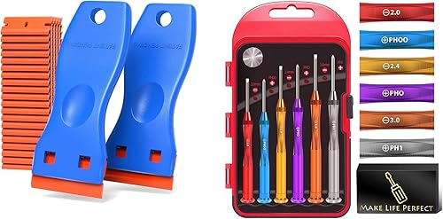 Juego de destornilladores magnéticos pequeños 6 paquetes+cuchillas de afeitar de plástico herramienta raspador 2 unidades azul
