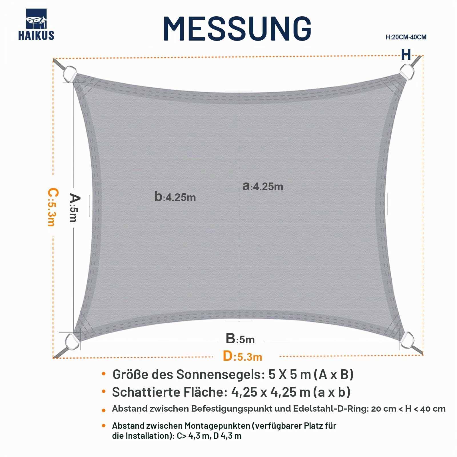 HAIKUS Sonnensegel Wasserdicht Rechteckig 5x5m Sonnenschutz Wasserabweisend Premium PES Polyester mit UV Schutz für Balkon Garten Terrasse Quadratisch Grau