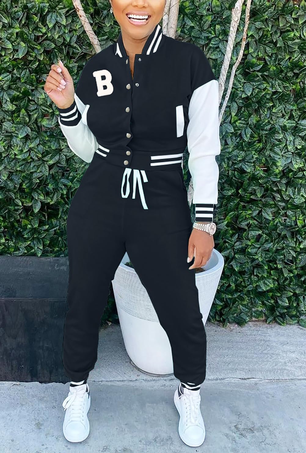 Fooullaide Women's Varsity Jacket Sweatsuit 2 Piece Tracksuit Crop Top Button Down Letterman Jackets Pants Sets