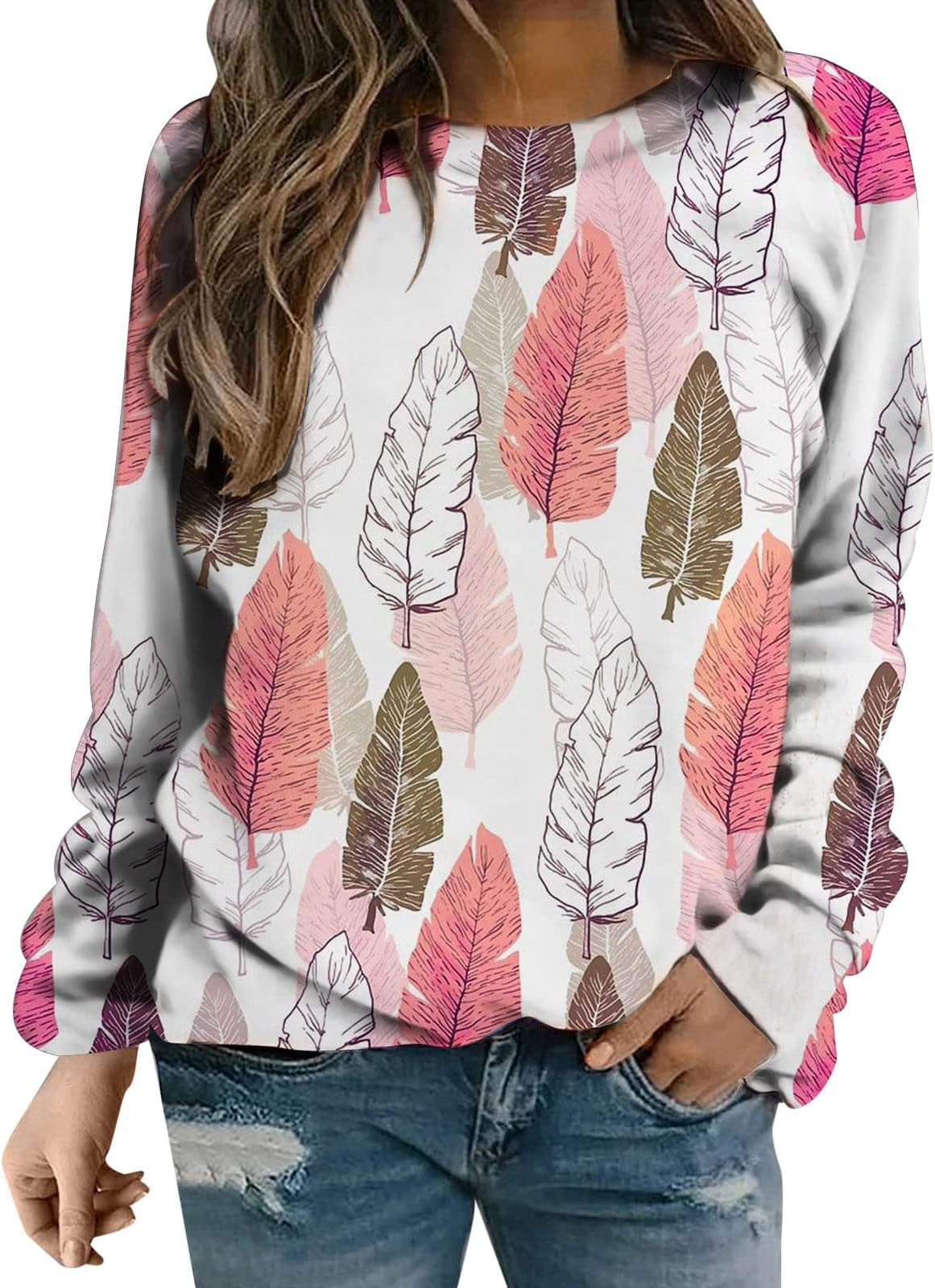 YoungnetPlus Size Tops For Women Fashion Print Long Sleeve Crew Neck Basic Tee Shirts Fall Loose Light Weight Sweatshirts