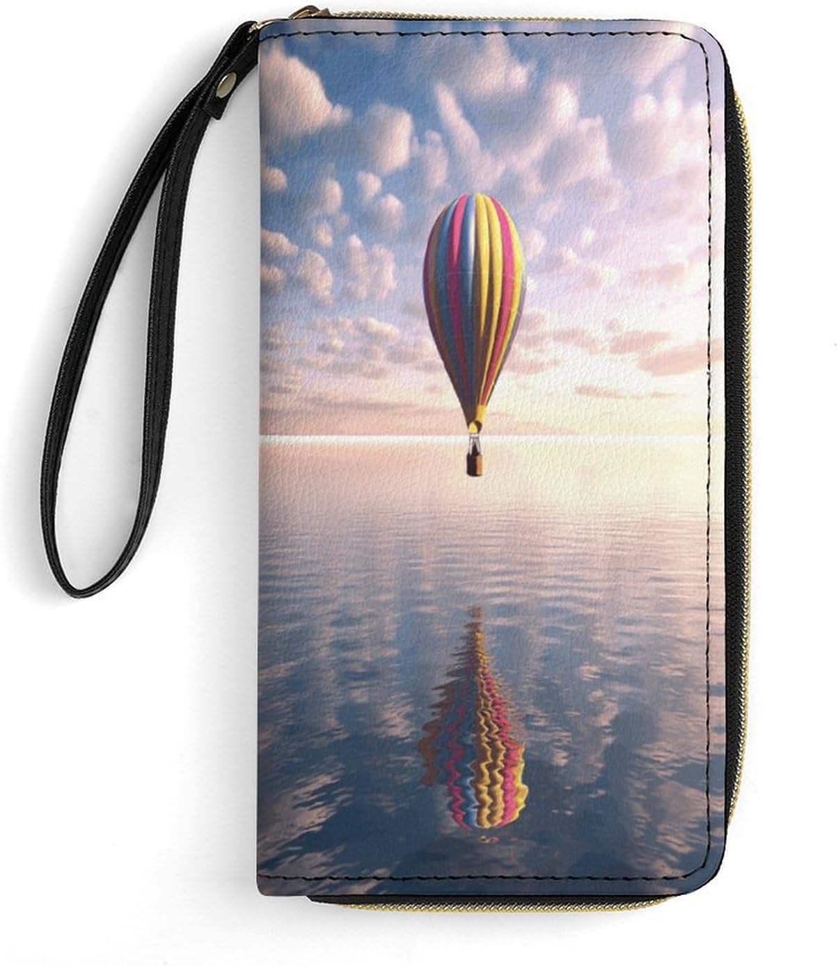 Women Leather Wallet Hot Air Balloon Over The Sea Small Wallet Multi Mini Card Holder Organizer Ladies Wristlet with Card Slots ID Window Zipper Coin Purse