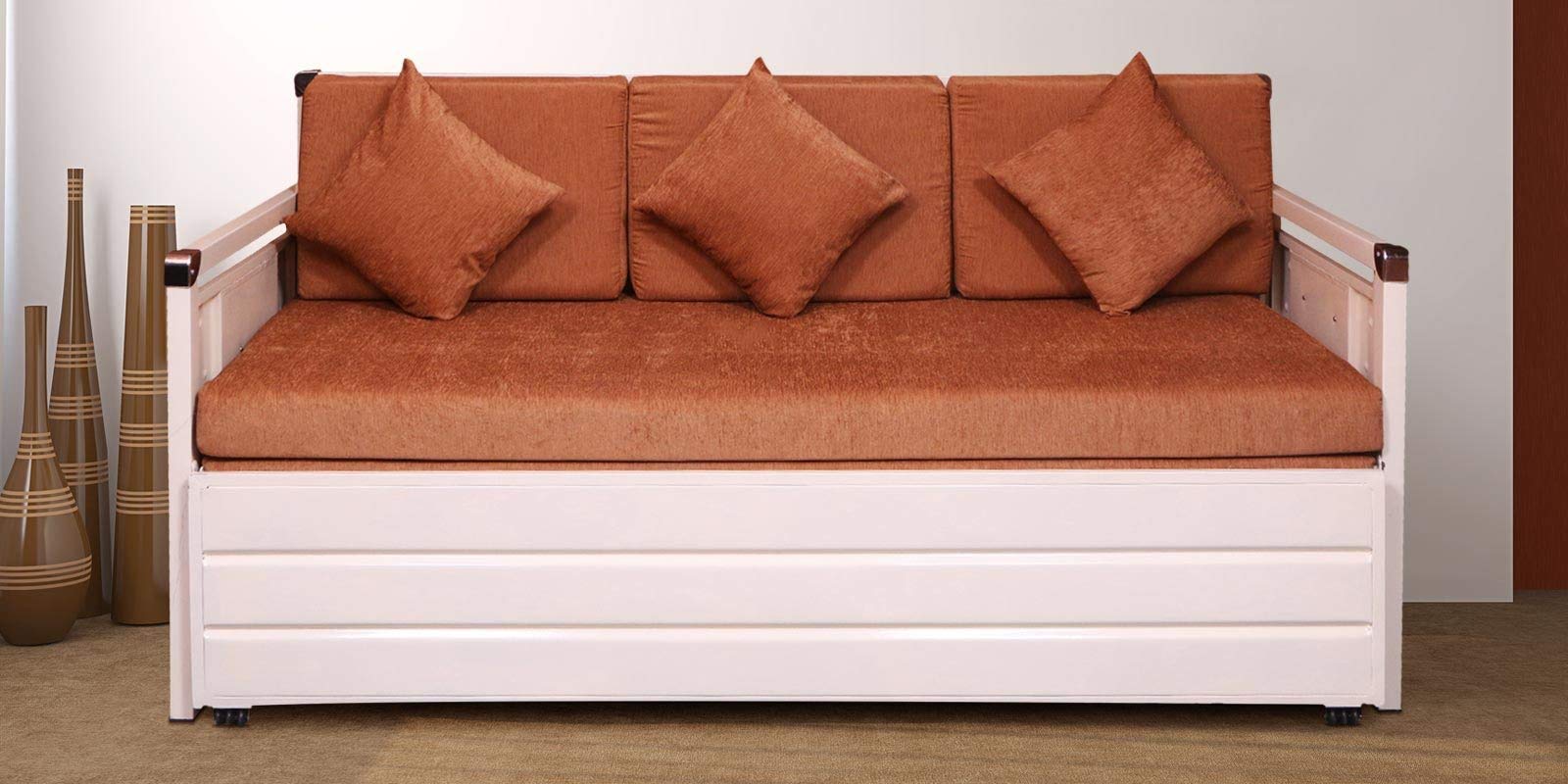 Furnline Metal Sofa Cum Bed with Hydraulic Storage Black Structure Finish|| Hydraulic Storage Black Structure Finish||King Bed|| Perfect for Guests - Jute Fabric Washable Cover (Single, Light Brown)