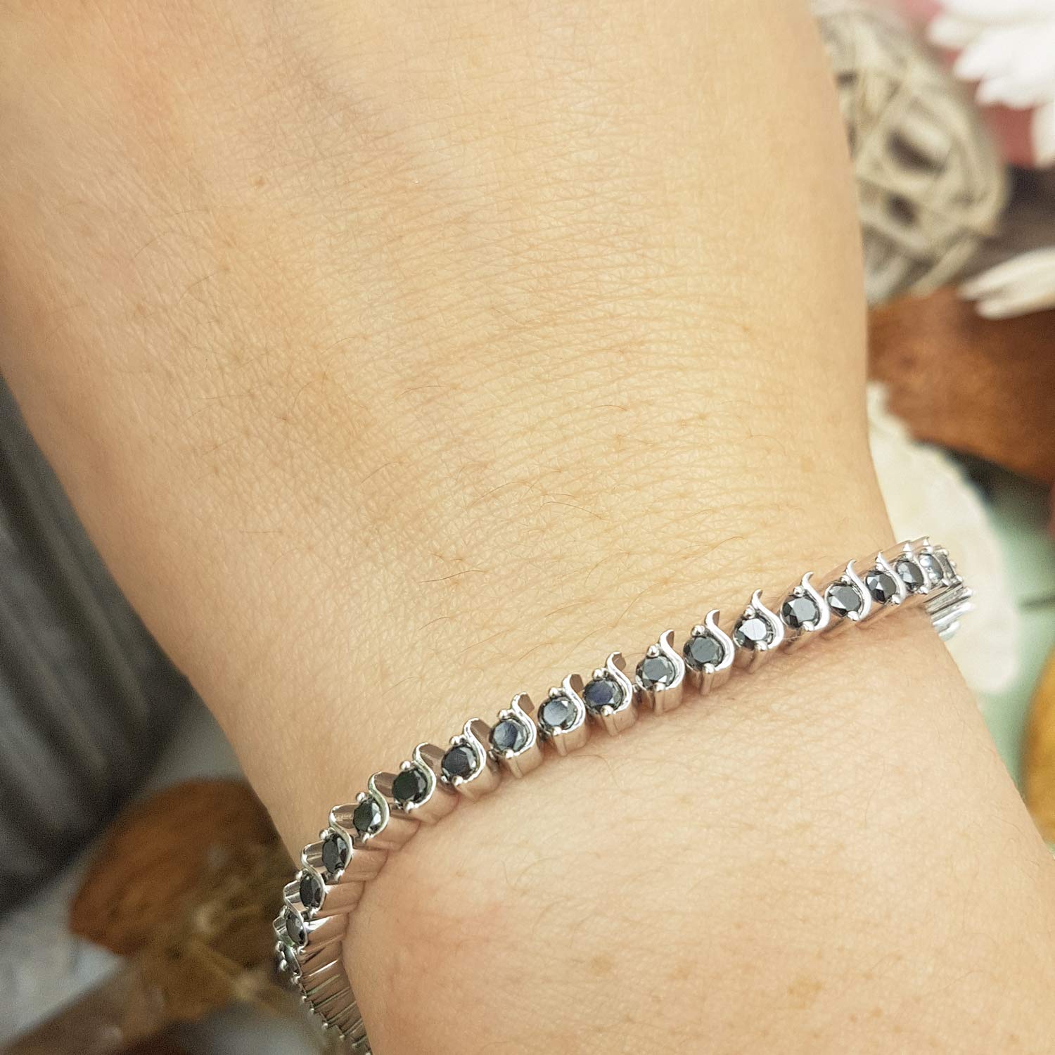Dazzlingrock Collection Bracciale tennis da donna in argento Sterling con diamante nero taglio rotondo 3,65 carati (ctw), One Size, Argento sterling, Diamante nero