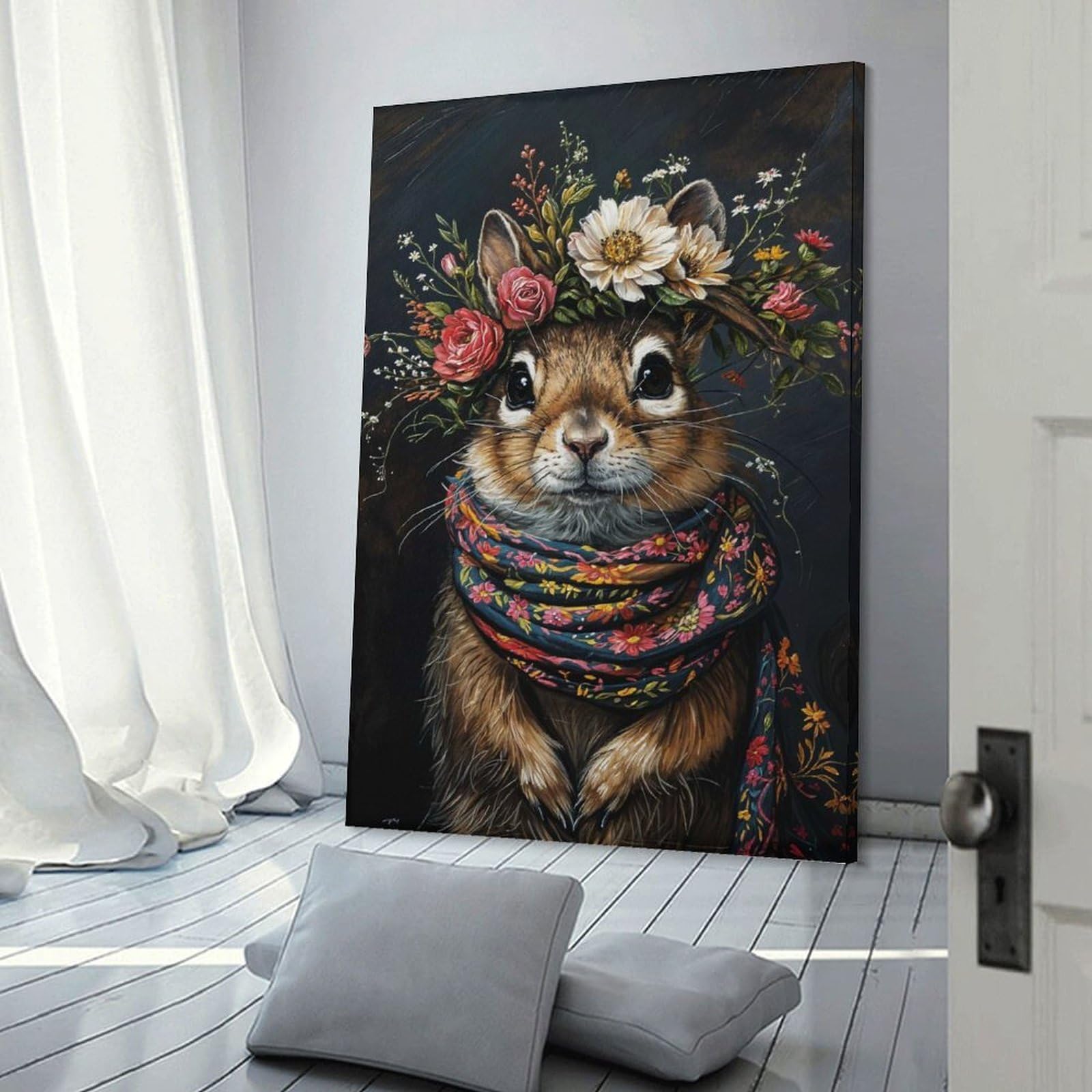 Junmoney Squirrel with Flowers Canvas Art Print 20x30inch(50x75cm), for Bedroom Walls, Guest Spaces Or Lounges, Home Artwork with A Soft Interior Feel