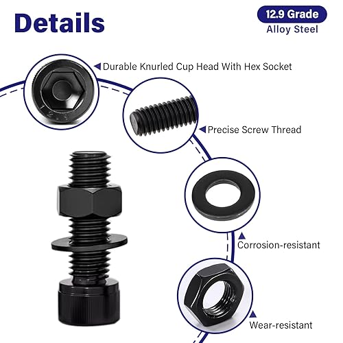 Miniatura 3 de Surtido de 720 tornillos métricos pequeños M2, acero de aleación de grado 12.9, tornillos de máquina de cabeza hexagonal chapados en zinc negro,
