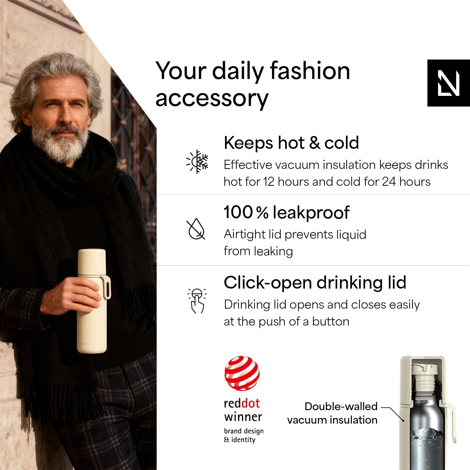 LARS NYSØM Stainless Steel Thermo Water Bottle - Double Wall Insulated Water Bottle with Cup & Carry Strap, Leakproof Metal Bottle for Travel, Office & Outdoor (Almond Beige, 17oz) - Image 2