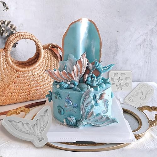 Miniatura 7 de Beasea Molde de fondant para pastel de sirena, 3 piezas de caballito de mar, estrella de mar, cola de sirena, molde de silicona para conchas de