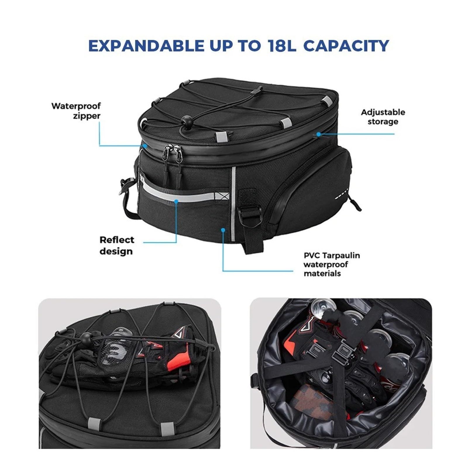 Bolsa De Moto Bolsa Trasero para Motocicleta, Asiento De Doble Uso con Cubierta Impermeable para Lluvia Bolsas Extensibles Bolsa de Viaje para Moto(Black)