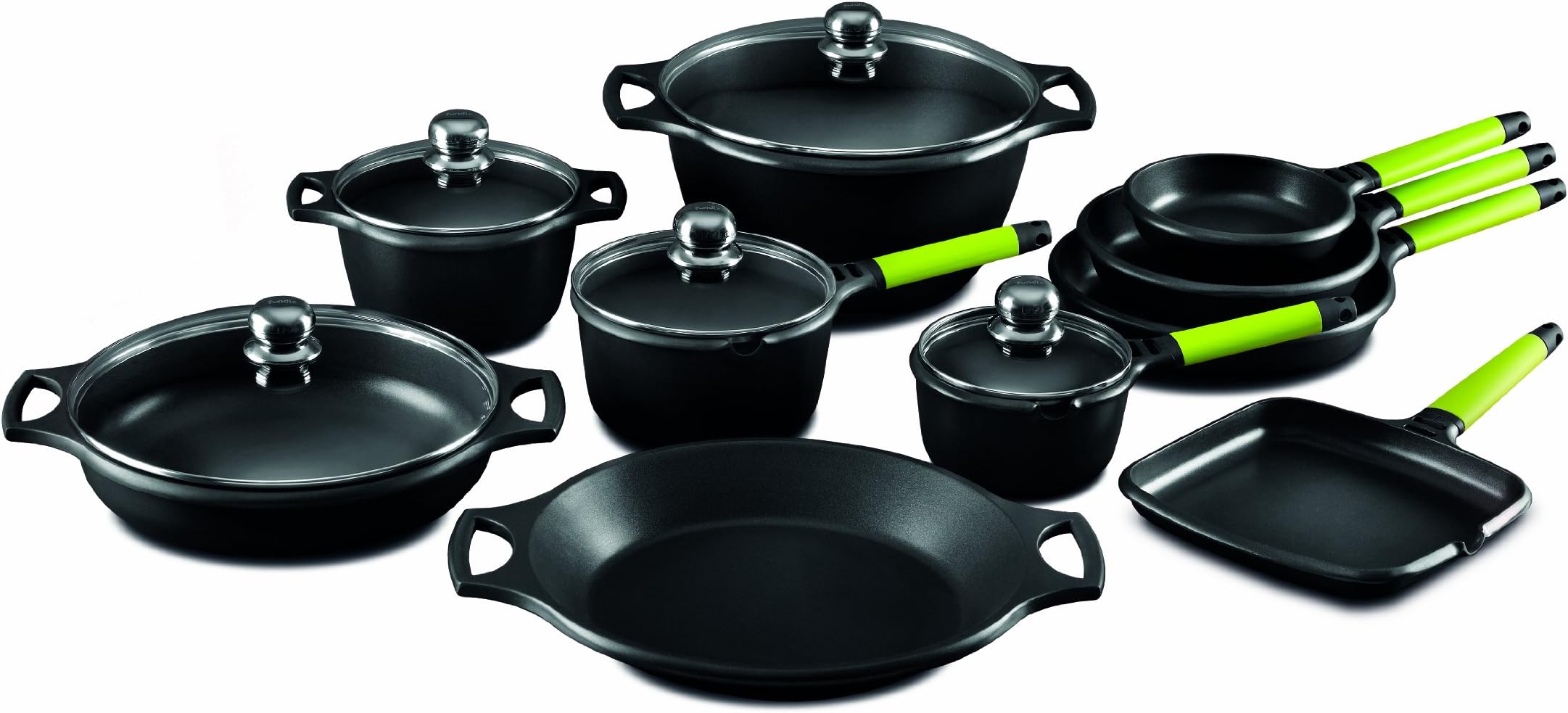 Castey 15 Pieces Cookware Set with Handle, Cast Aluminium, Green, 30 x 30 x 30 cm