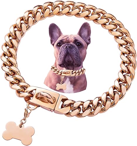 Miniatura 41 de Collar de perro de acero inoxidable, collar de joyería de bulldog con encanto, impermeable, oro rosa, negro, plata, resistente, collar de perro
