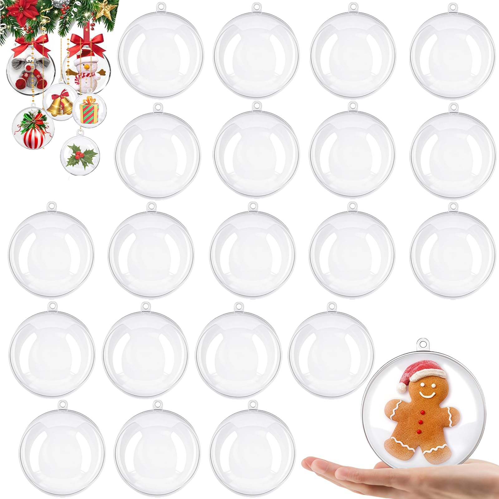 20Pcs 5cm Clear Christmas Baubles, Plastic Fillable Bauble for 5cm, Christmas Tree Decorations New Years Wedding Party Empty Plastic to Fill DIY Clear Baubles Xmas Decor