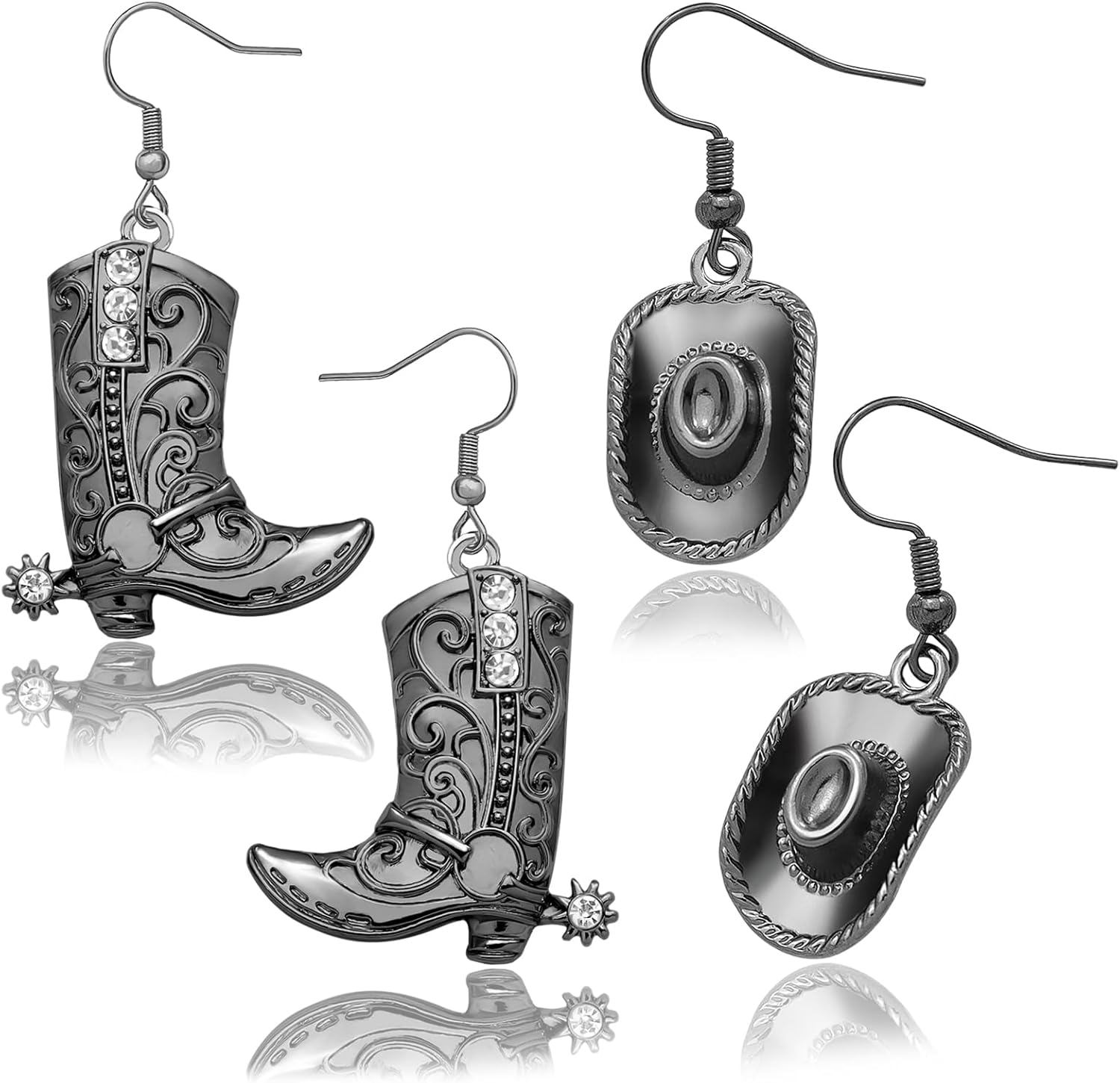 2 Pairs Rhinestone Western Boots Earrings and Cowgirl Cowboy Hat Bohemian Rodeo Boot Drop Dangle Earrings for Women