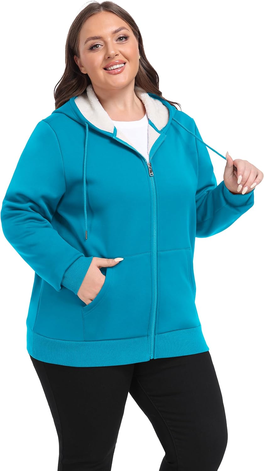 MoFiz Womens Plus Size Fleece Zip Up Hooded Jacket Sherpa Lined Warm Coat image 4