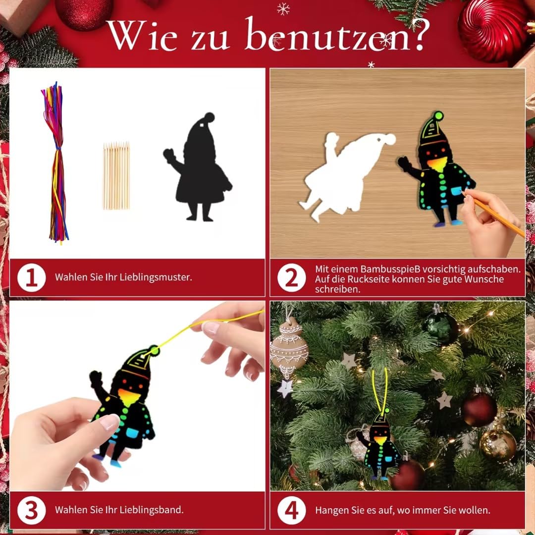 24pz Scratch Art Palline di Natale Bambini Scratch Art Natalizio Palline di Natale Gratta e Vinci Arcobaleno Decorazione Albero di Natale Penne in Bambù e Nastro da Appendere Regalo Festa DIY